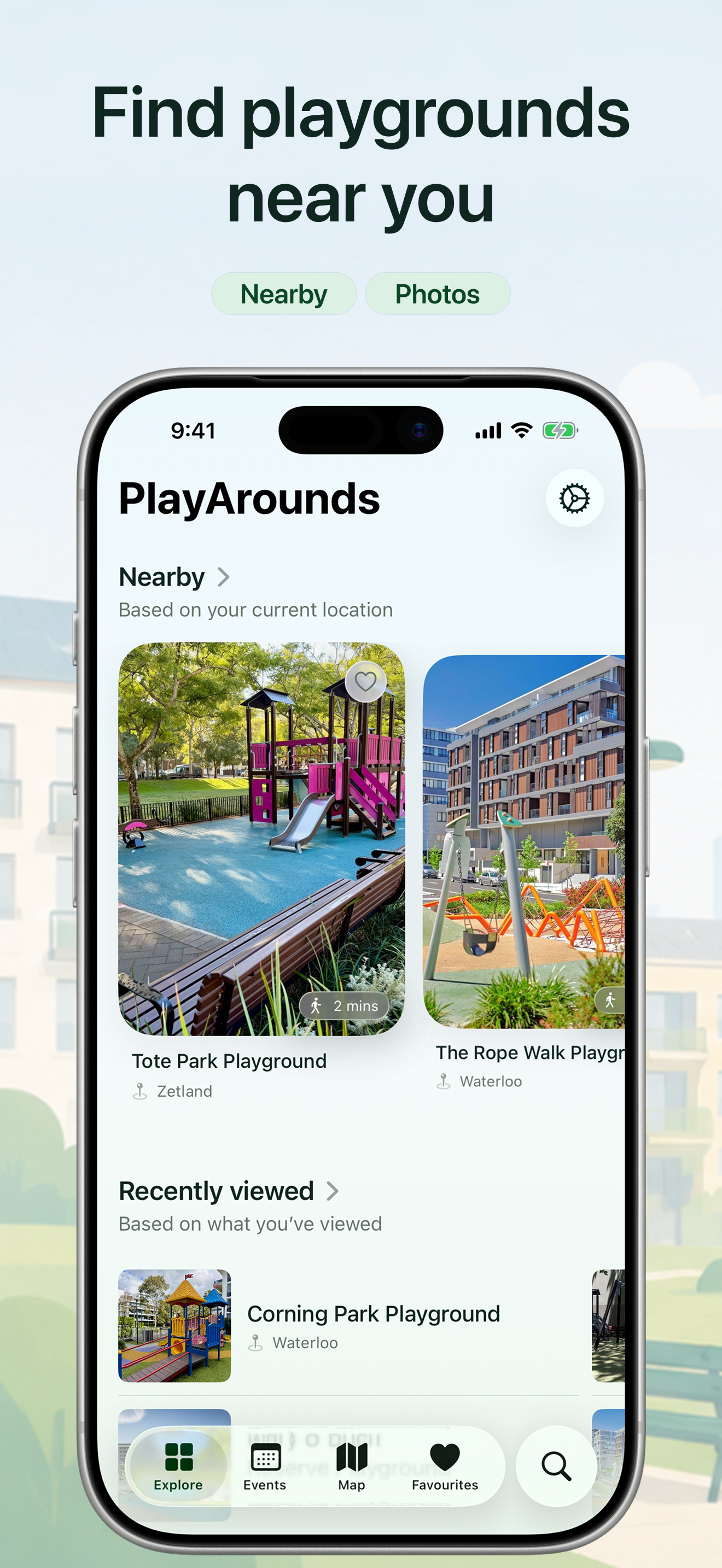 Explore screen showing nearby playgrounds and recently viewed places
