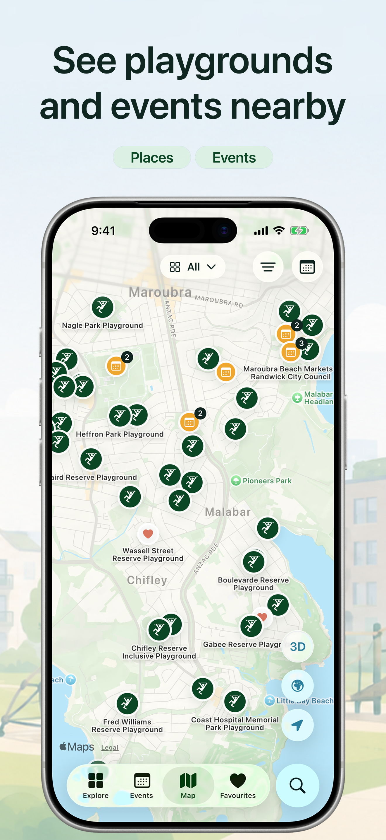 Map screen showing nearby playground and event markers