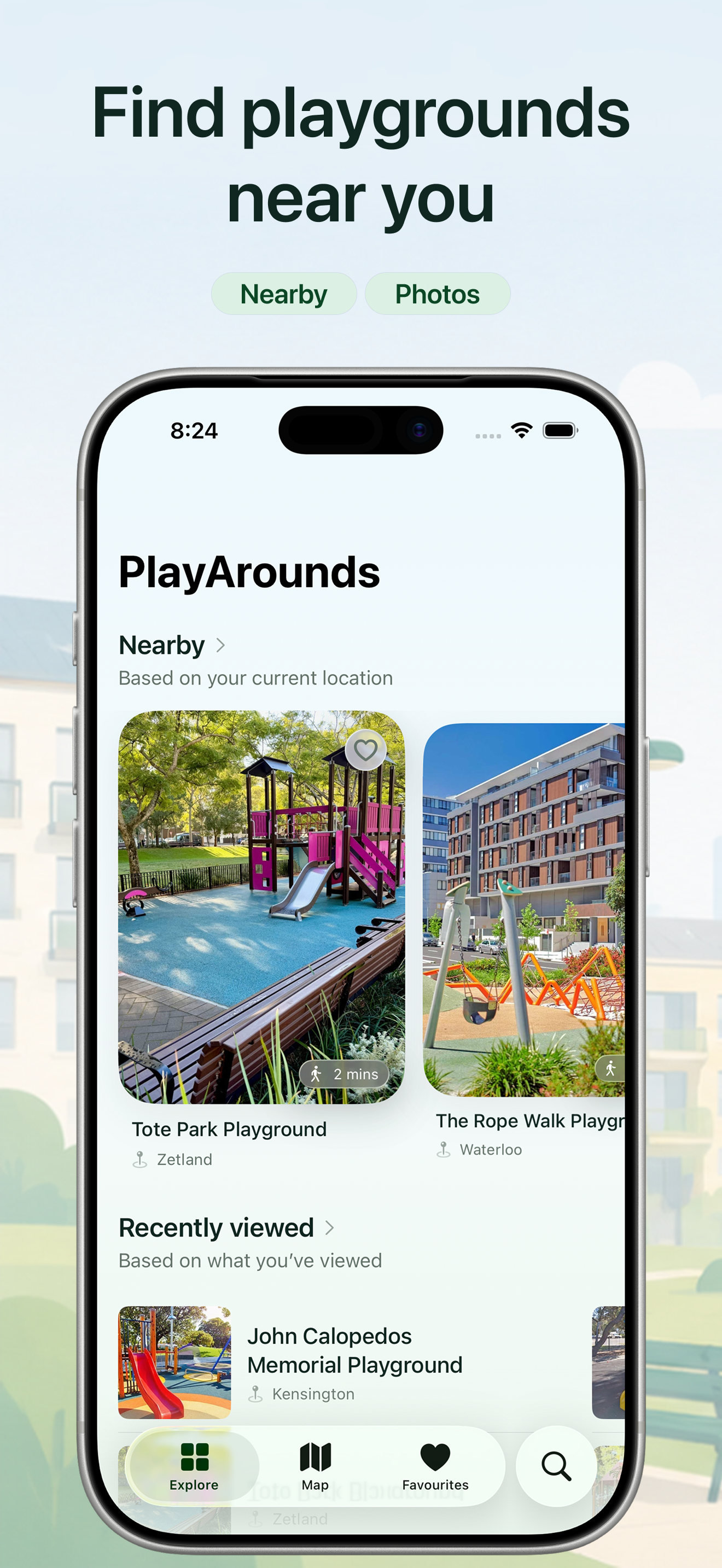Explore screen with nearby playground cards